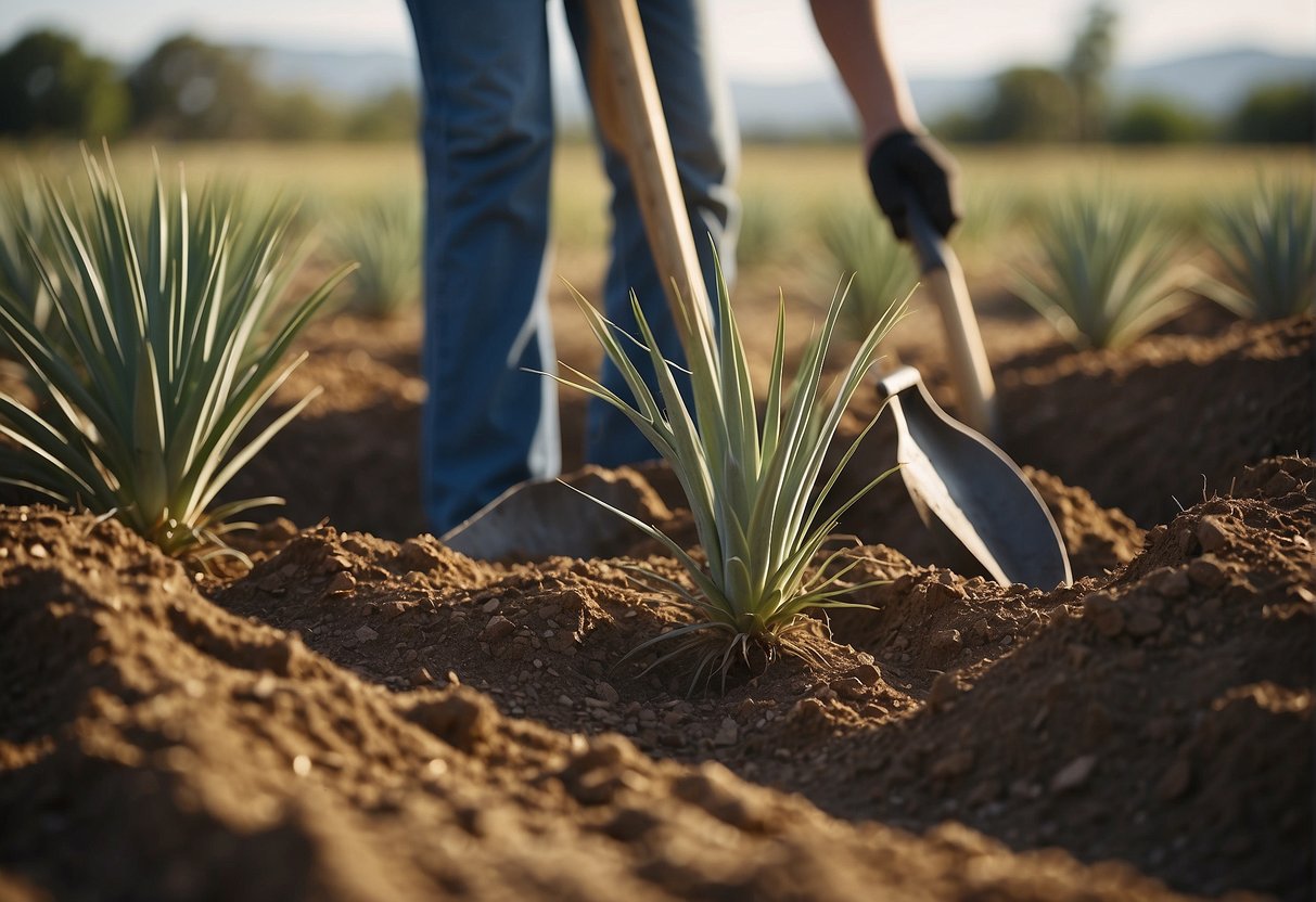 Yucca plants being dug up and removed from the ground with a shovel
