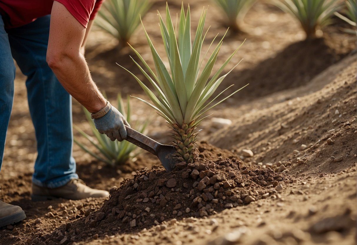 A person uses a shovel to dig around the base of a yucca plant, loosening the soil. They then use a pair of loppers to cut through the thick, fibrous roots before carefully lifting the plant out of the ground