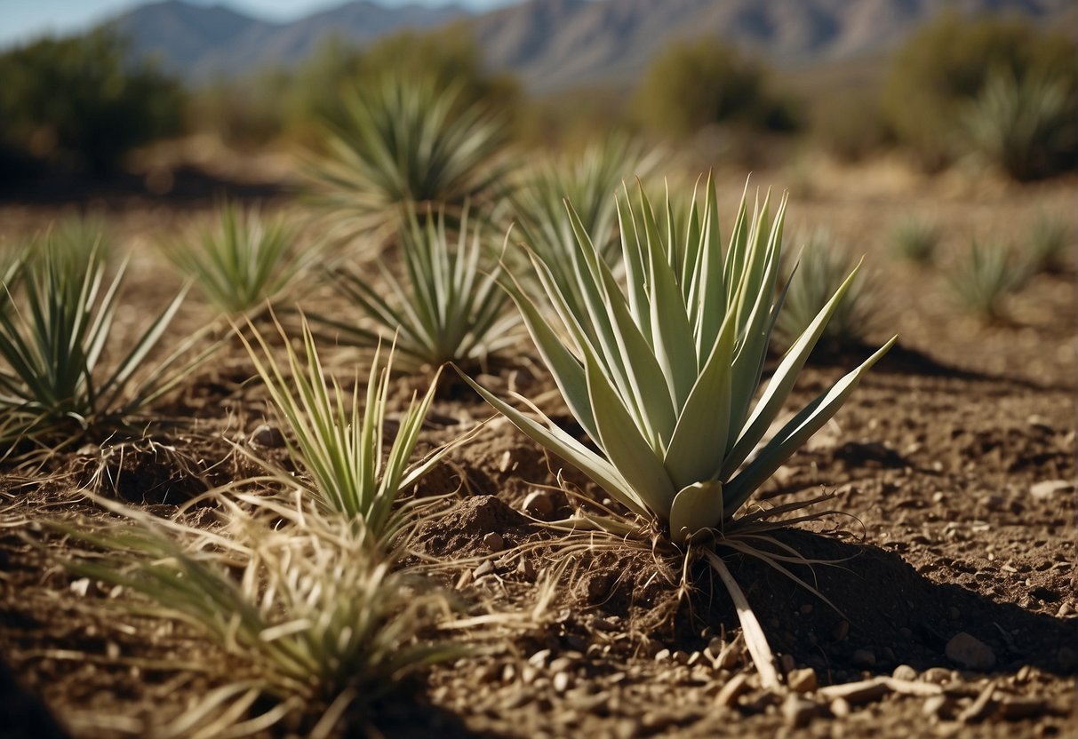 Yucca plants being pulled from the ground with roots exposed and a pile of removed plants nearby