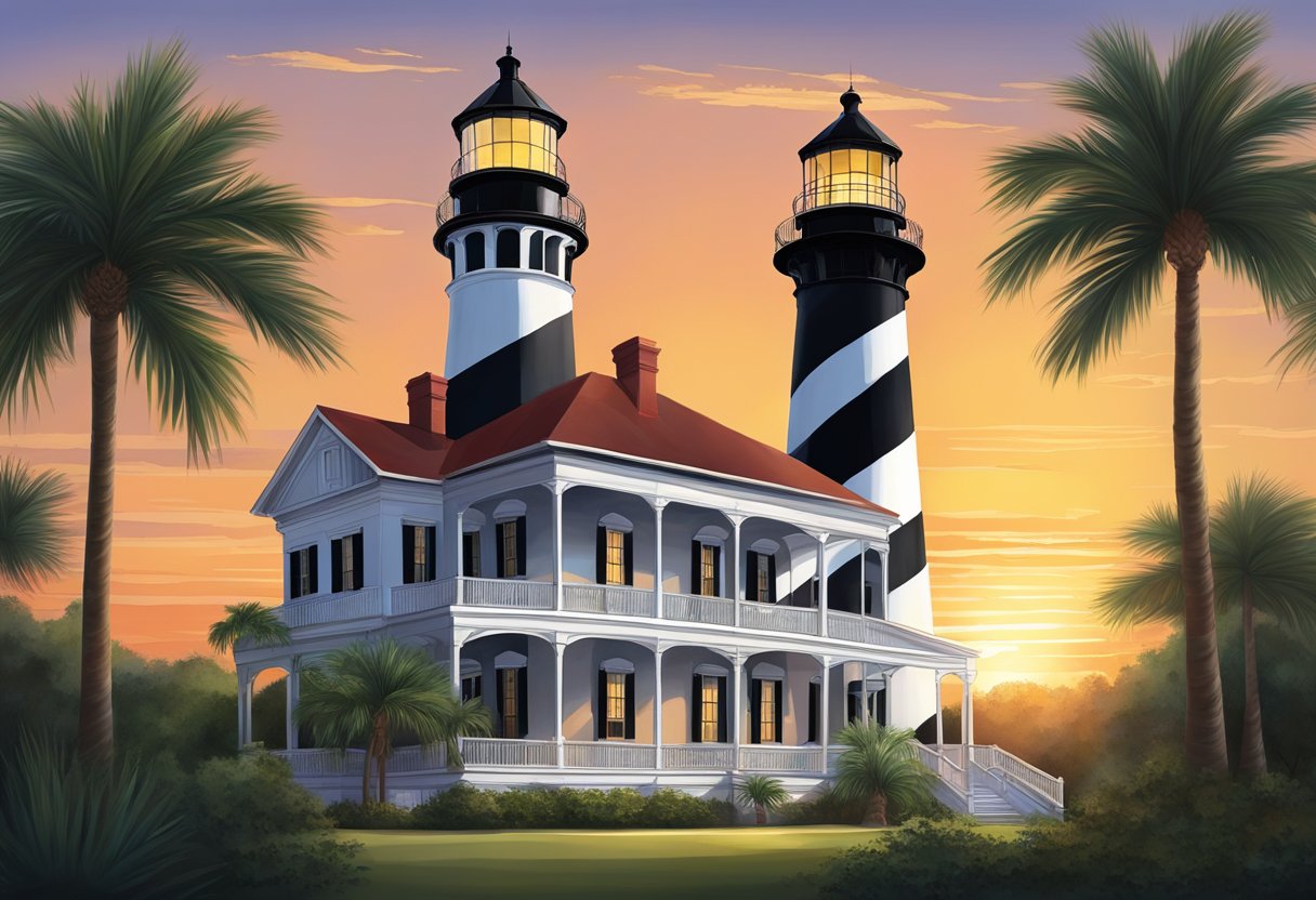 The sun sets behind the grand facade of the historic St. Augustine Lighthouse, casting a warm glow over the surrounding palm trees and lush greenery