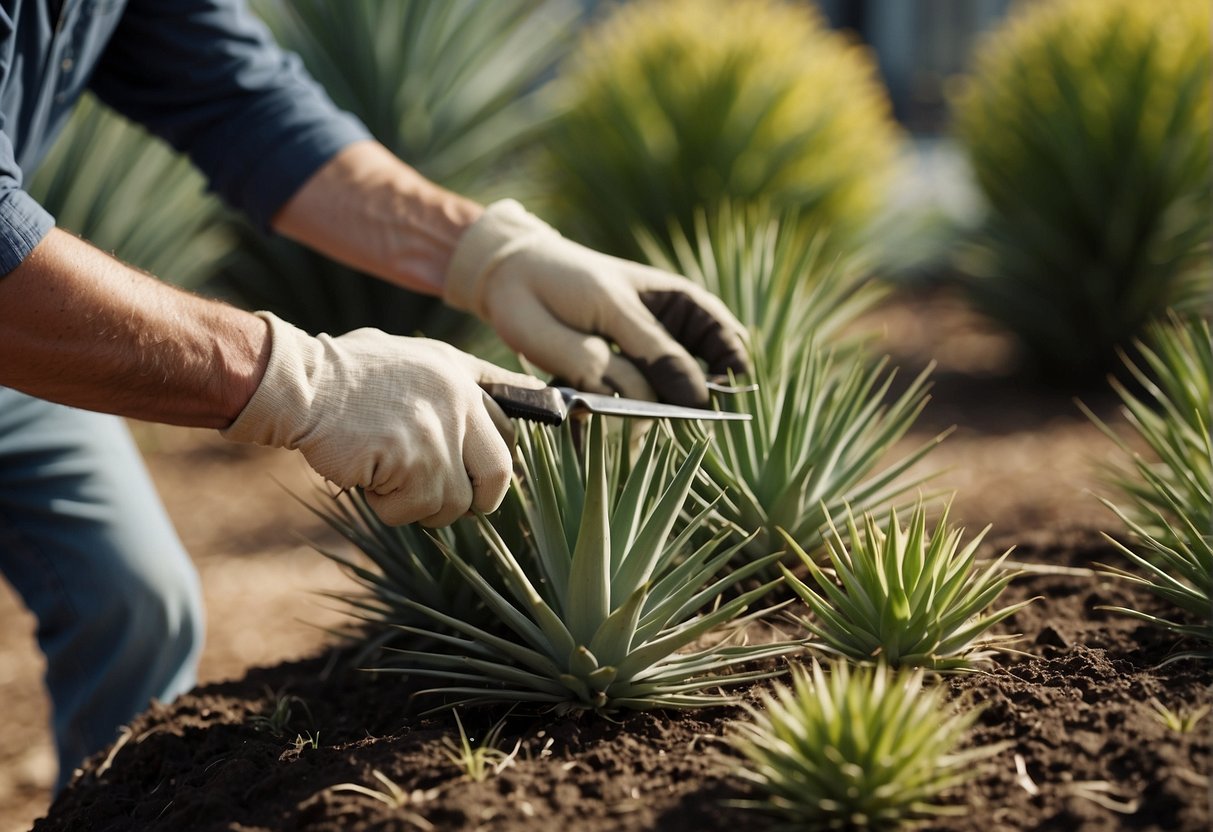 A gardener prunes outdoor yucca plants with sharp shears and removes dead or damaged leaves, creating a tidy and well-maintained appearance