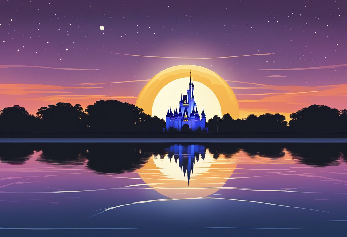 The sun sets behind the iconic Cinderella Castle at Disney World, while the Epcot ball glows in the distance. The silhouette of the Kennedy Space Center stands against the twilight sky