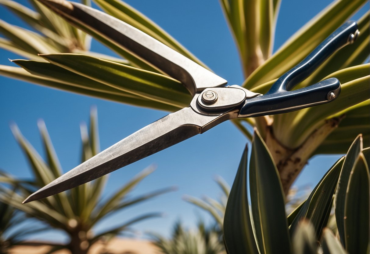 A pair of gardening shears snipping away at the long, spiky leaves of an outdoor yucca plant, with a backdrop of a sunny garden and blue sky