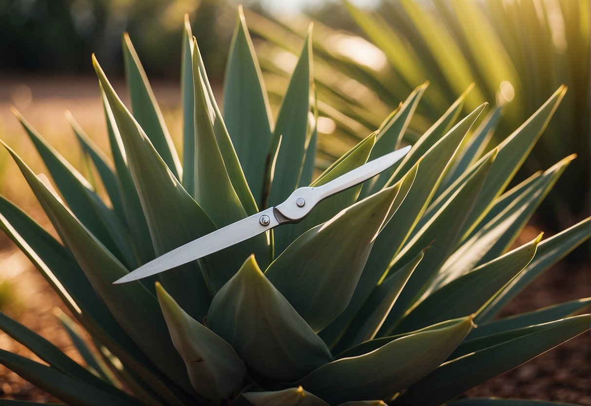 A pair of gardening shears cutting back the long, spiky leaves of an outdoor yucca plant. The plant is surrounded by other outdoor plants and bathed in warm sunlight