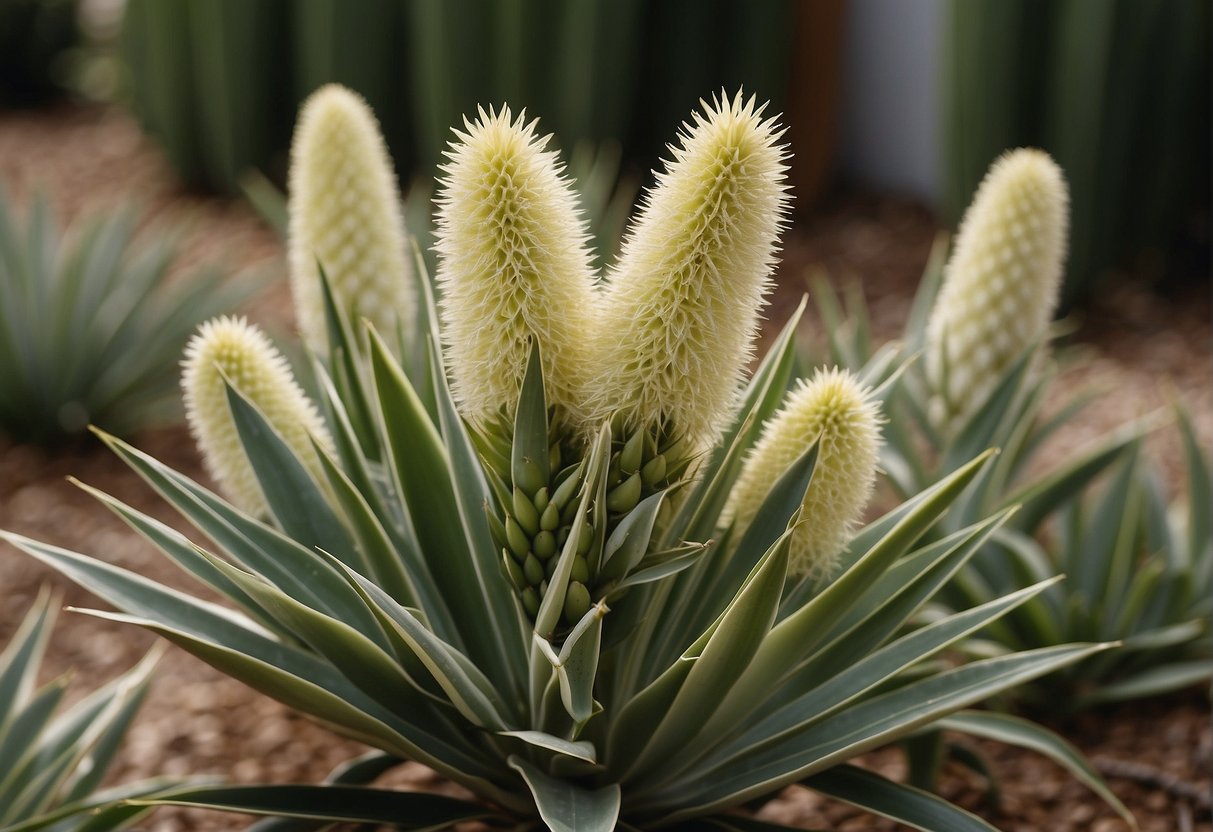 Yucca plants with powdery mildew: white, powdery spots on leaves, stems, and flowers. Leaves may yellow and wilt