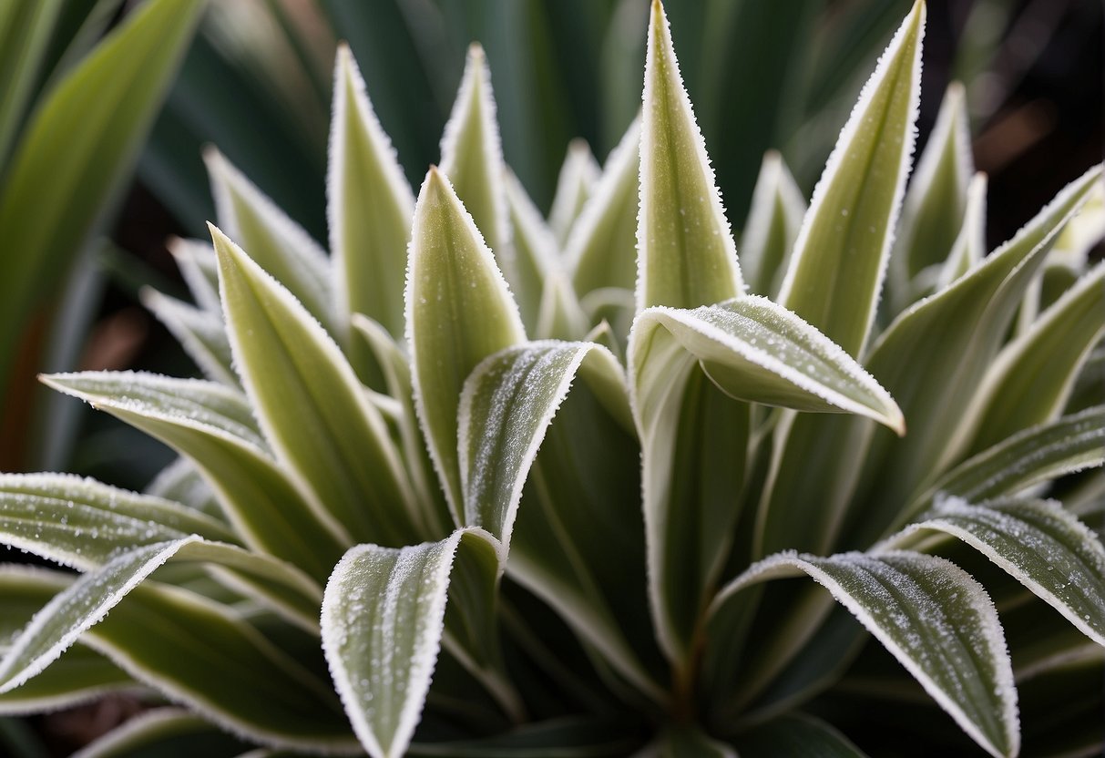 Powdery mildew covers yucca leaves in white, powdery patches, causing them to wilt and turn yellow