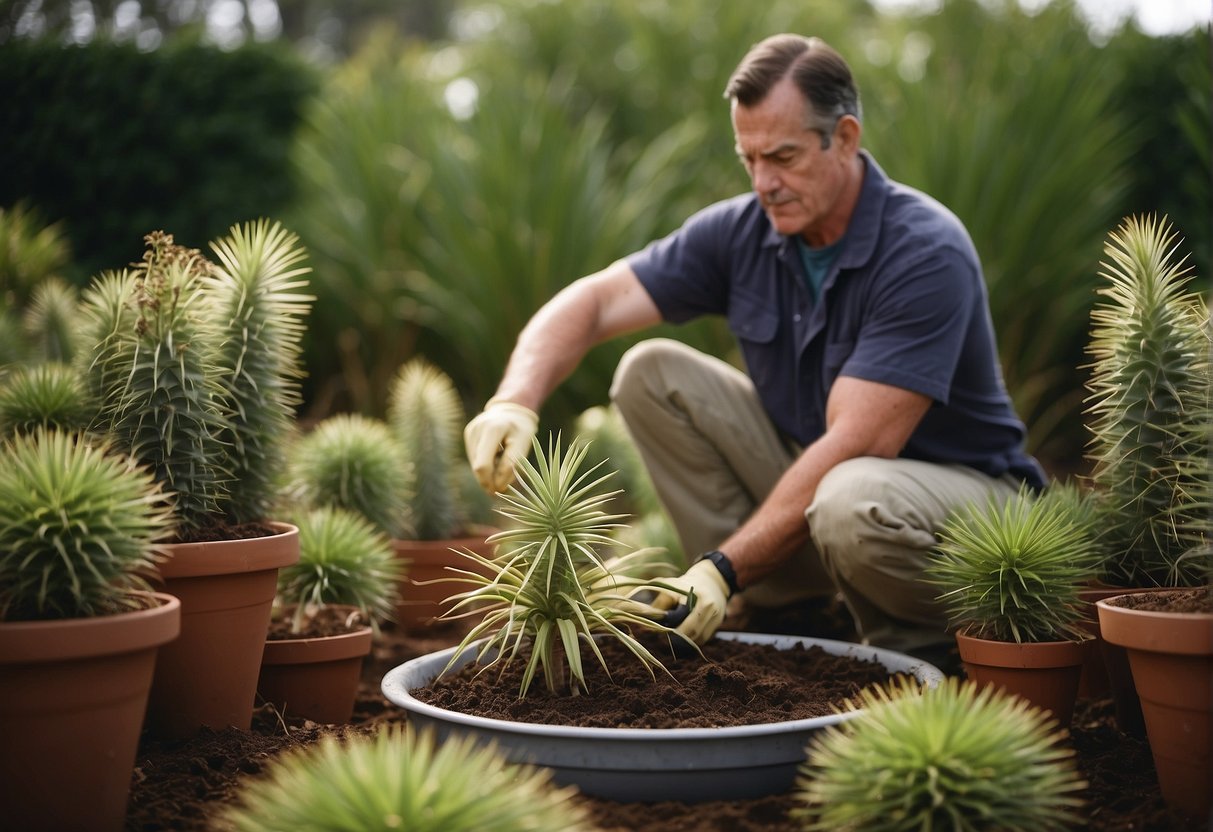 A yucca plant being carefully transplanted into a larger pot outdoors in Massachusetts, with a gardener gently tending to its roots