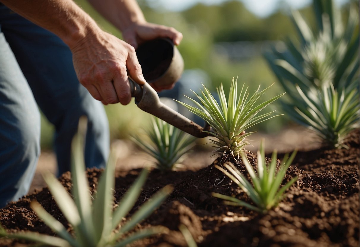 A gardener carefully digs up a yucca plant, removes excess soil, and transfers it to a larger pot with well-draining soil, ensuring proper care and transplant techniques are followed