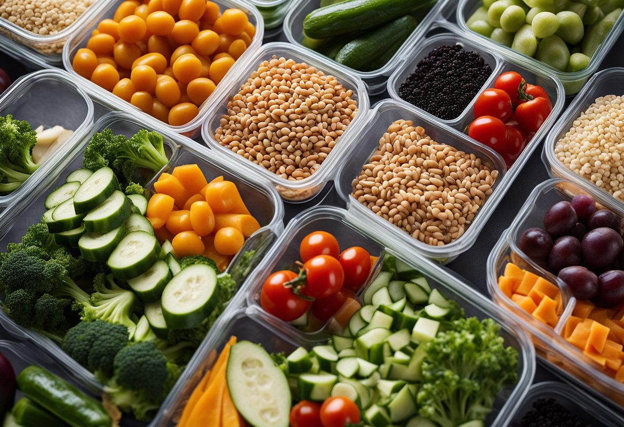 A colorful array of fresh vegetables, grains, and proteins arranged in separate compartments of a meal prep container