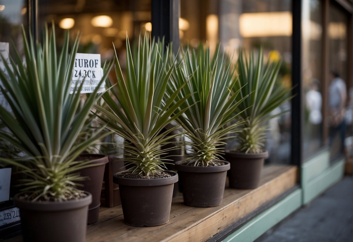 Local yucca plant retailers are displayed with various yucca plants for sale in a storefront window. A sign advertises the availability of yucca plants in the area