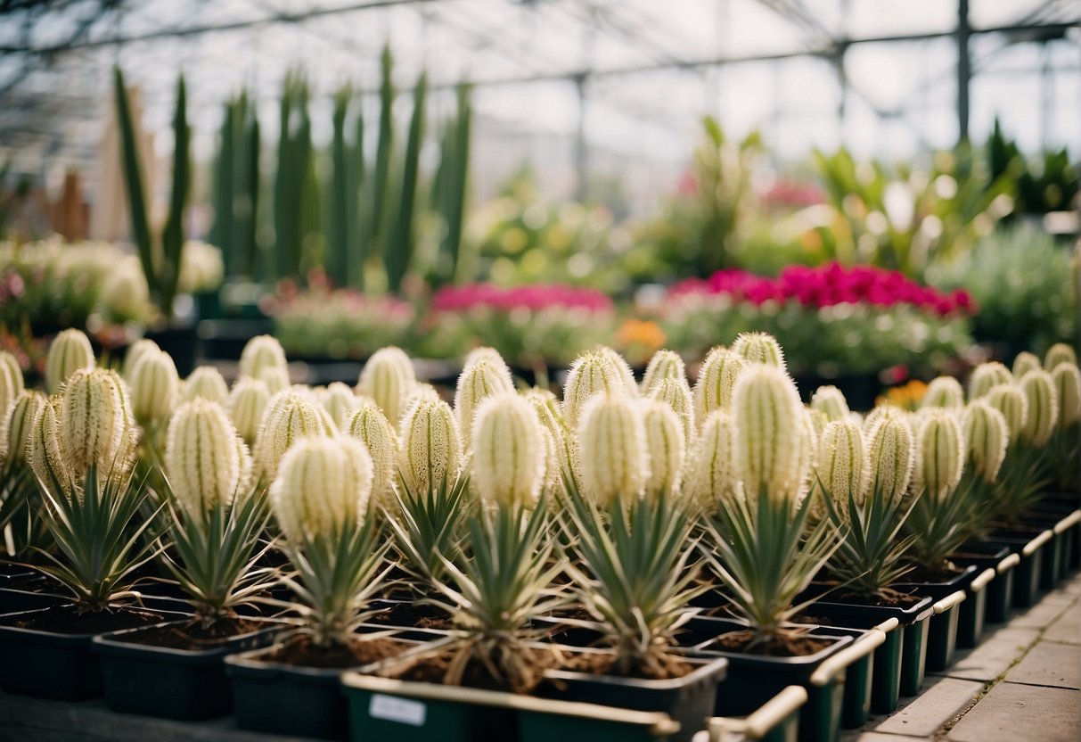 A garden center with rows of yucca plants, labeled with prices and care instructions, surrounded by colorful flowers and greenery