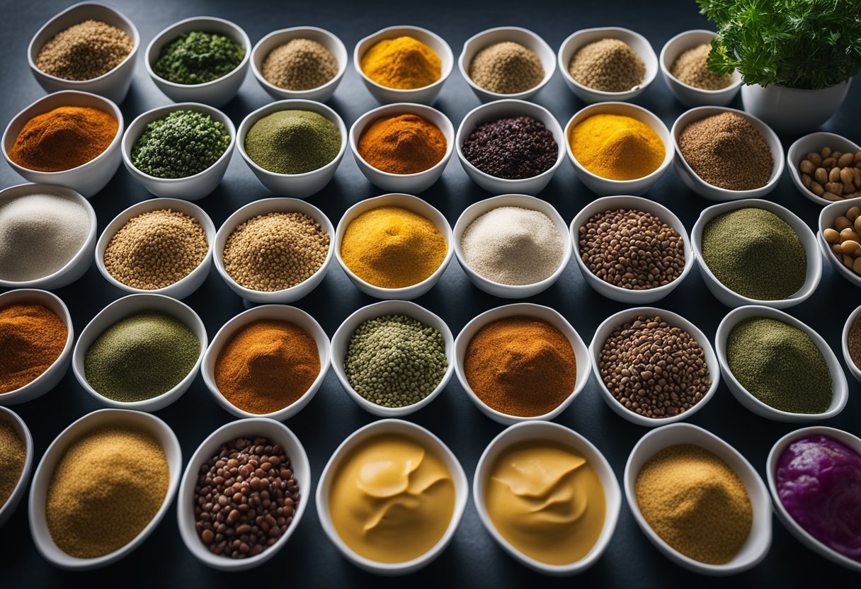 A variety of colorful Mediterranean seasonings and sauces are arranged neatly next to a row of empty meal prep bowls