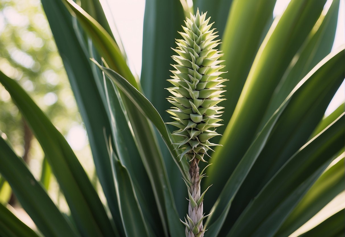 A mature yucca plant stands tall, reaching up to 30 feet in height with long, sword-shaped leaves radiating from a central stalk