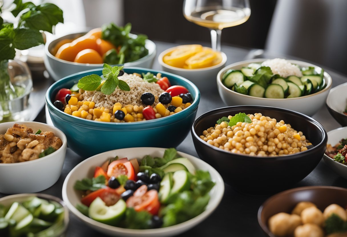 A table set with colorful Mediterranean bowls, fresh ingredients, and meal prep containers