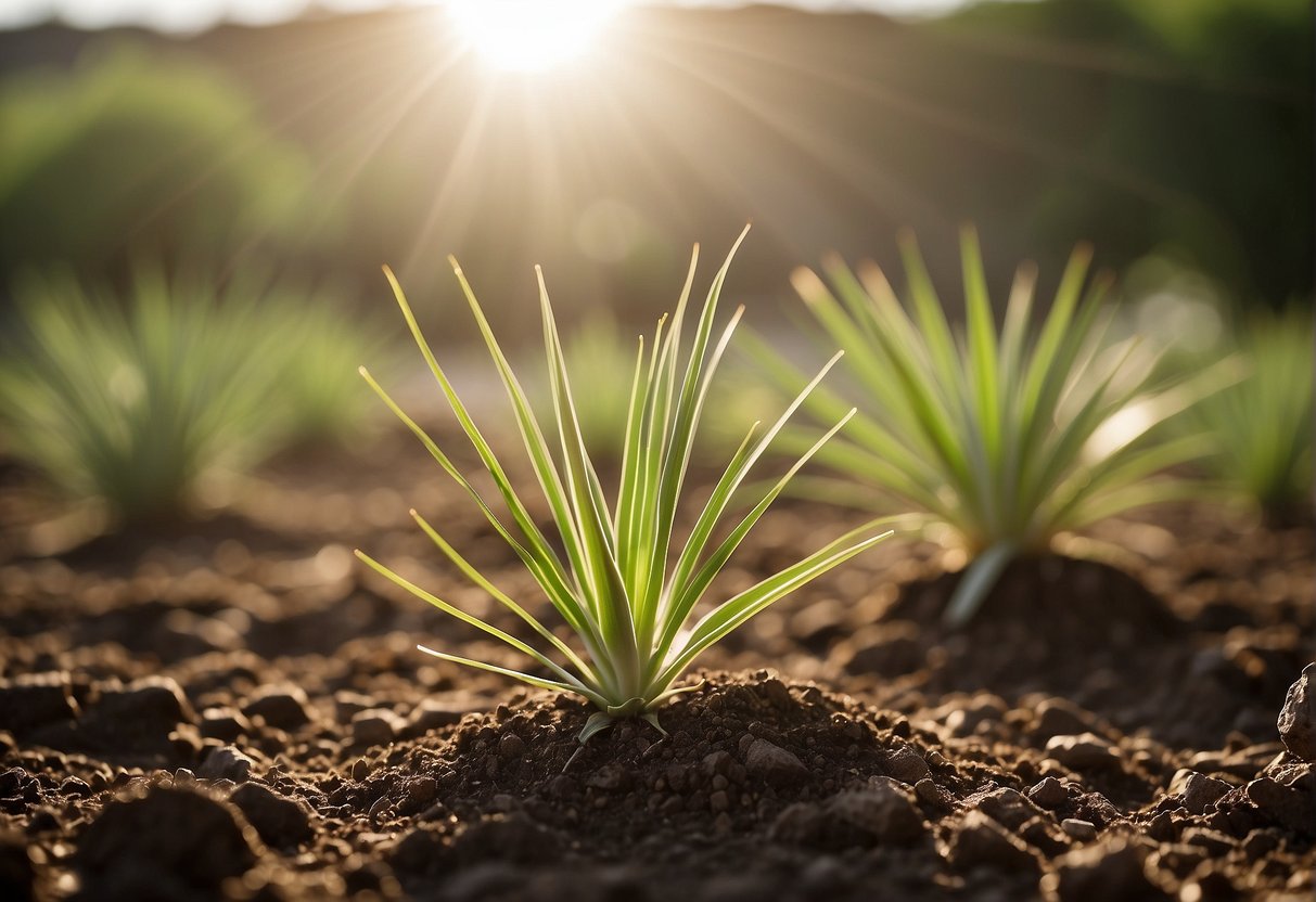 Bright sunlight, well-draining soil, and minimal watering needs for red yucca plants. Avoid overwatering to prevent root rot