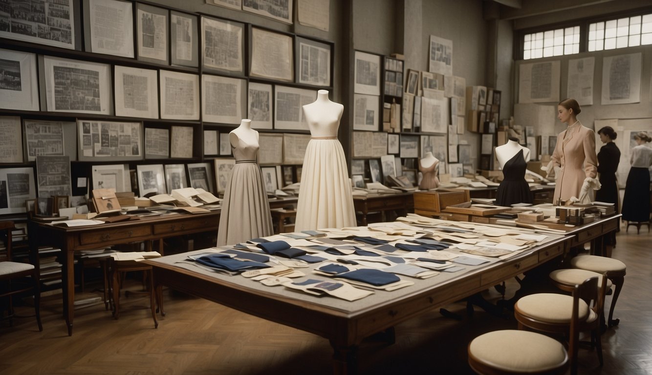 The atelier of Cristóbal Balenciaga, filled with sketches and fabric swatches, showcasing the influence of muses and mentees on his iconic designs