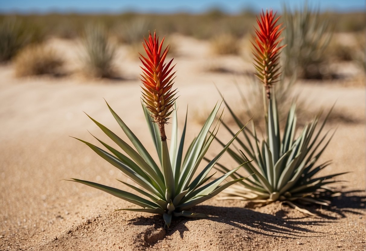 A red tip yucca plant with long, slender leaves, set against a backdrop of dry, sandy soil and a bright, sunny sky