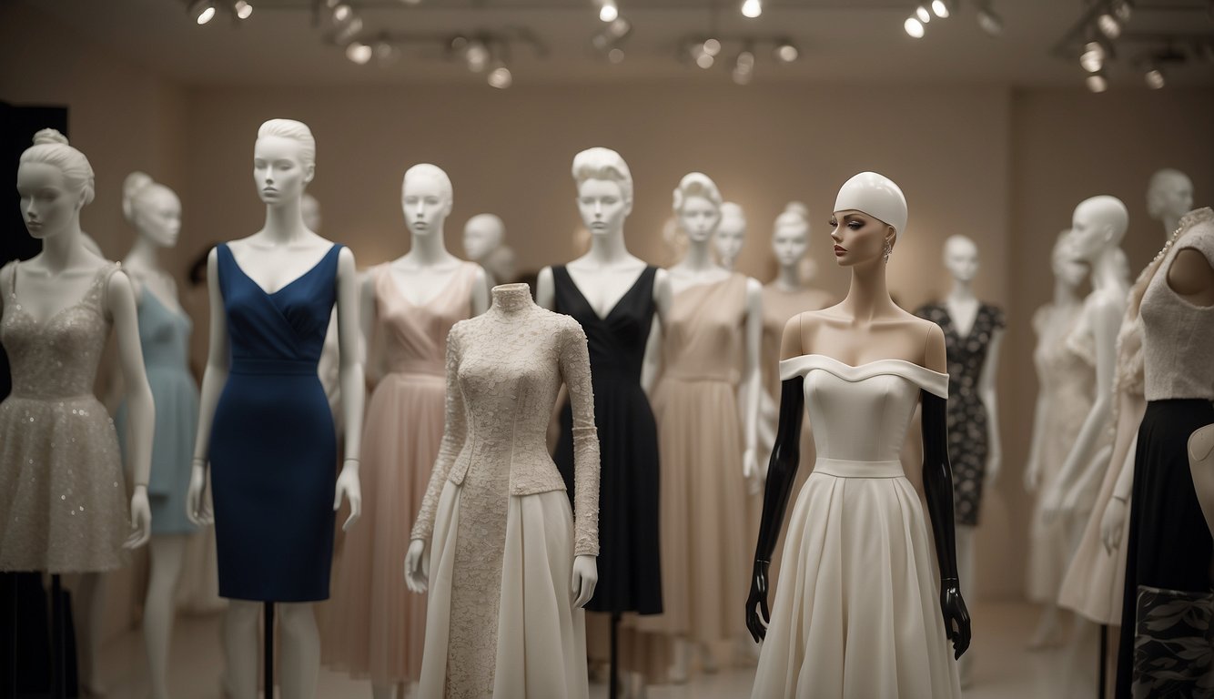 A room filled with fashion sketches and mannequins, showcasing the influence of Cristóbal Balenciaga on his muses and mentees