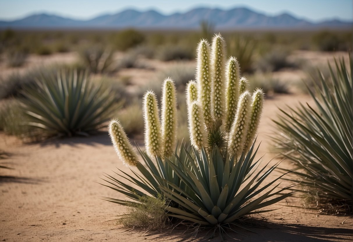 Several yucca plants of varying heights and shapes stand in a desert landscape, with some in bloom and others with spiky leaves