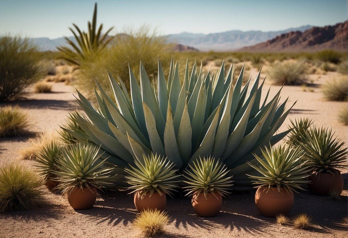 A collection of various yucca plants in different sizes and shapes, surrounded by desert landscape and possibly some cultural artifacts