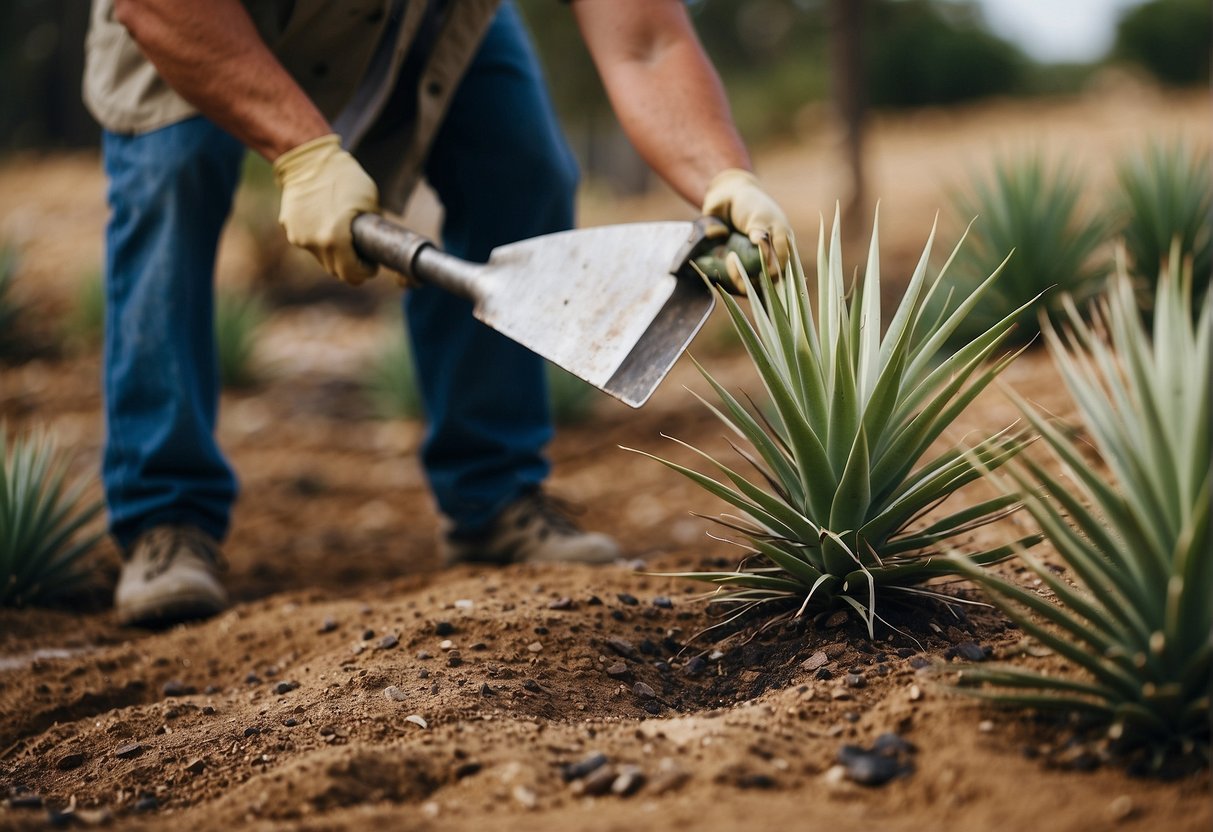 A chemical spray kills yucca plants, while a person uses a shovel to uproot them