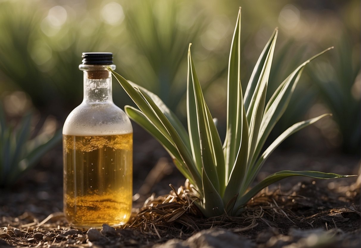 A bottle of chemical solution poured over a cluster of yucca plants, with wilting leaves and brown spots indicating their impending demise