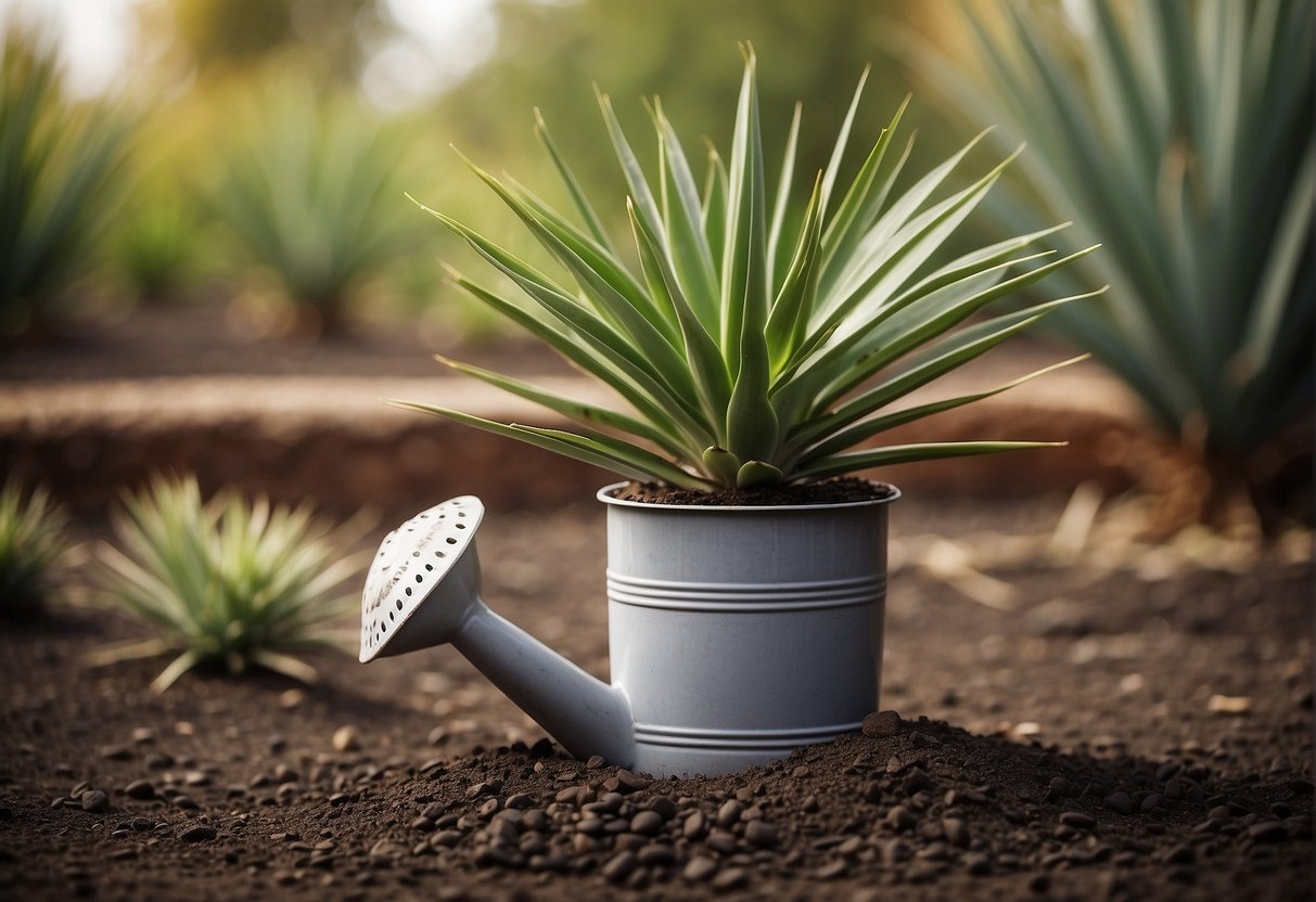 A yucca plant sits in a decorative pot, surrounded by well-draining soil. A watering can is nearby, suggesting regular but infrequent watering