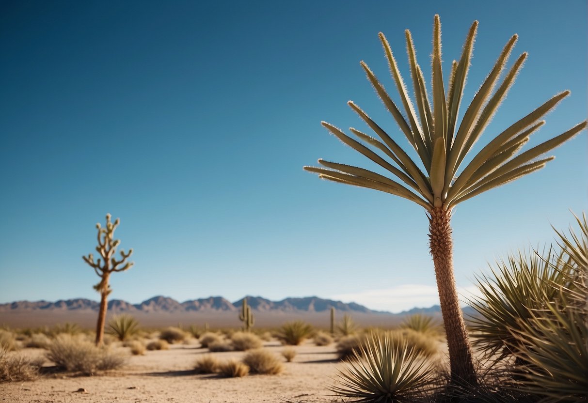 A desert landscape with yucca plants and sparse vegetation under a clear blue sky