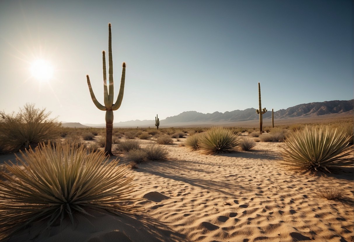 A desert landscape with dry, sandy soil, sparse vegetation, and yucca plants with tall, sword-like leaves