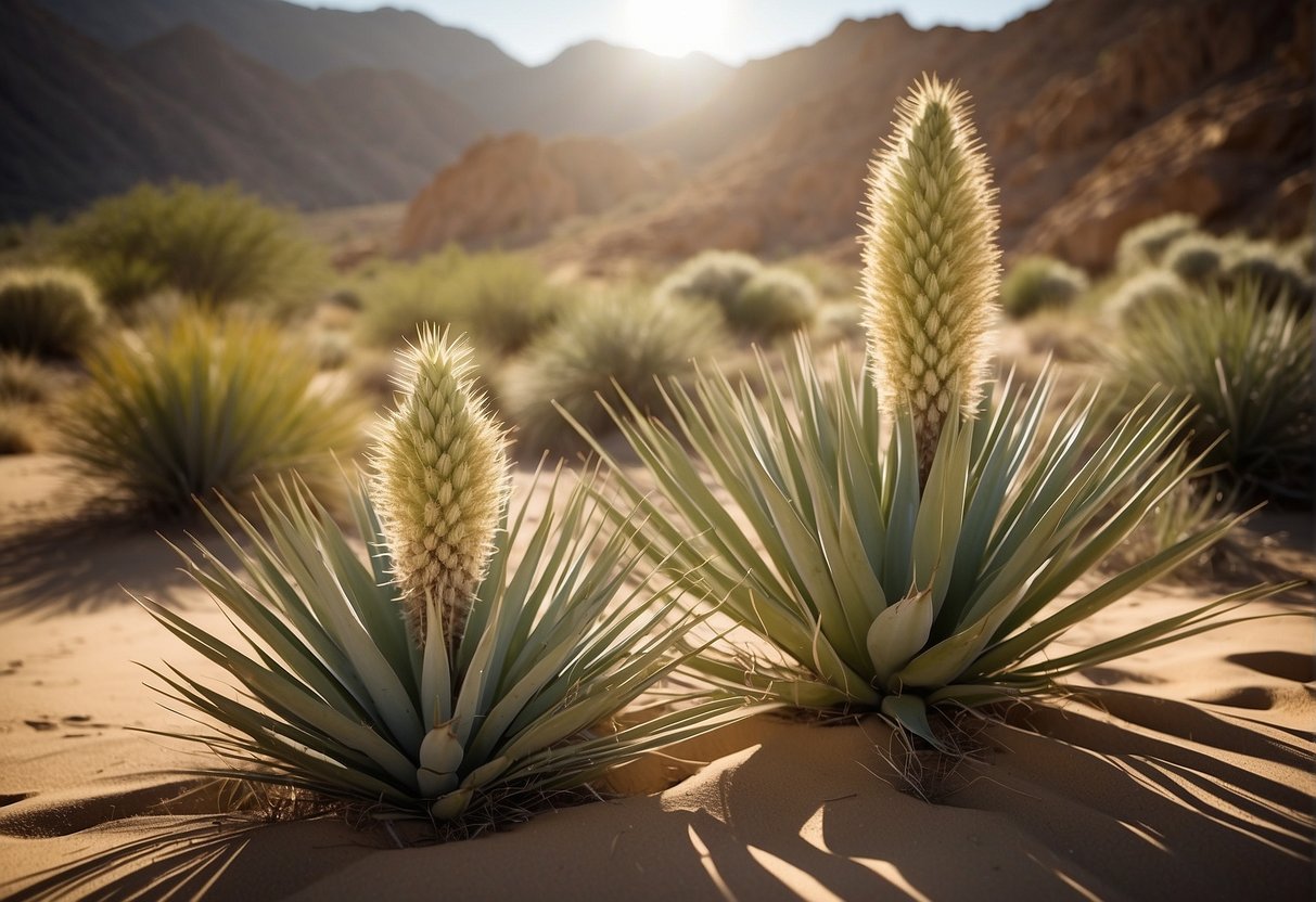 Yucca plants thrive in arid climates with sandy soil and plenty of sunlight. The scene should depict a desert landscape with yucca plants basking in the sun