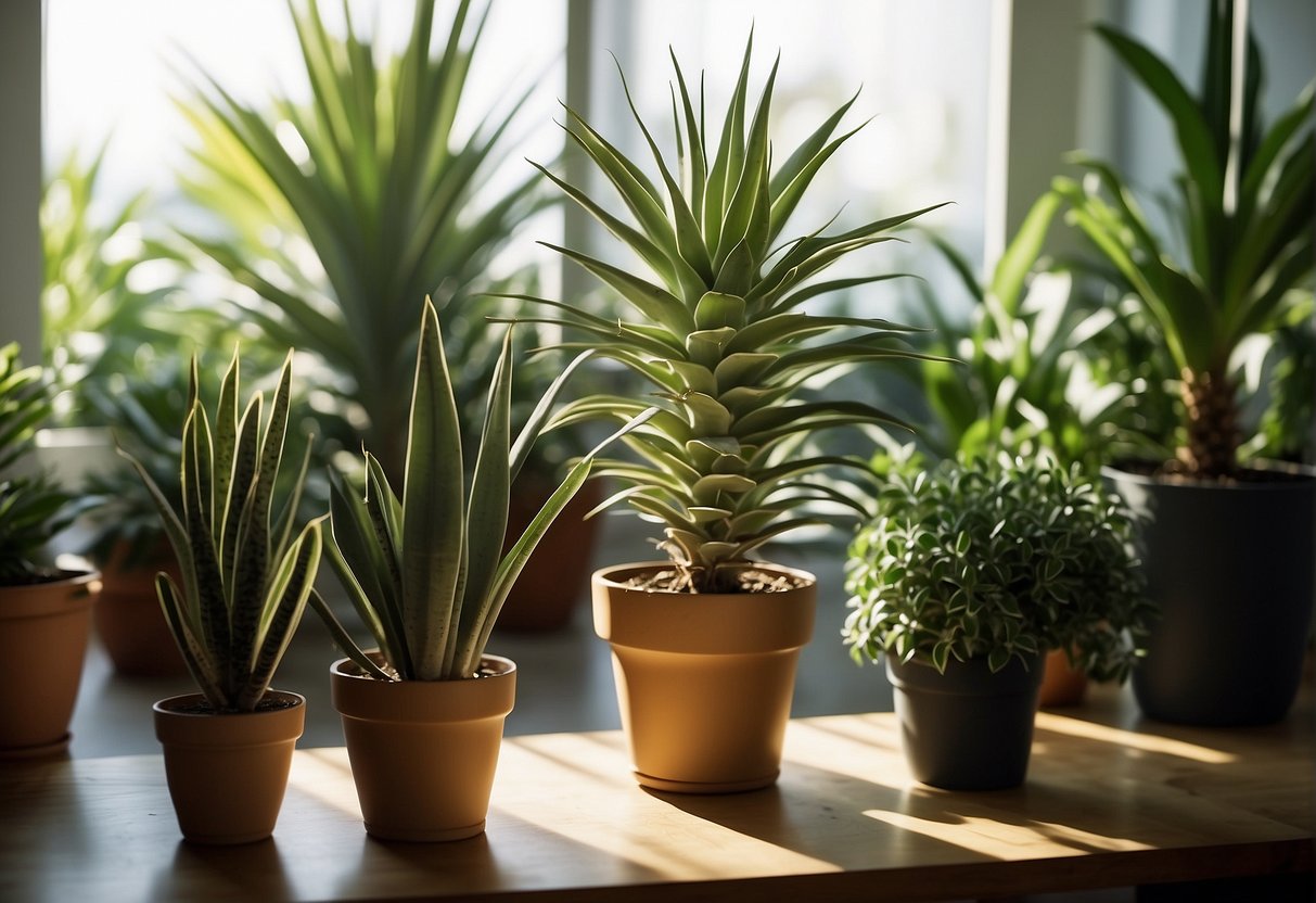 A yucca plant grows tall in a sunlit room, surrounded by other potted plants. Its long, sword-shaped leaves reach upwards, stretching towards the light