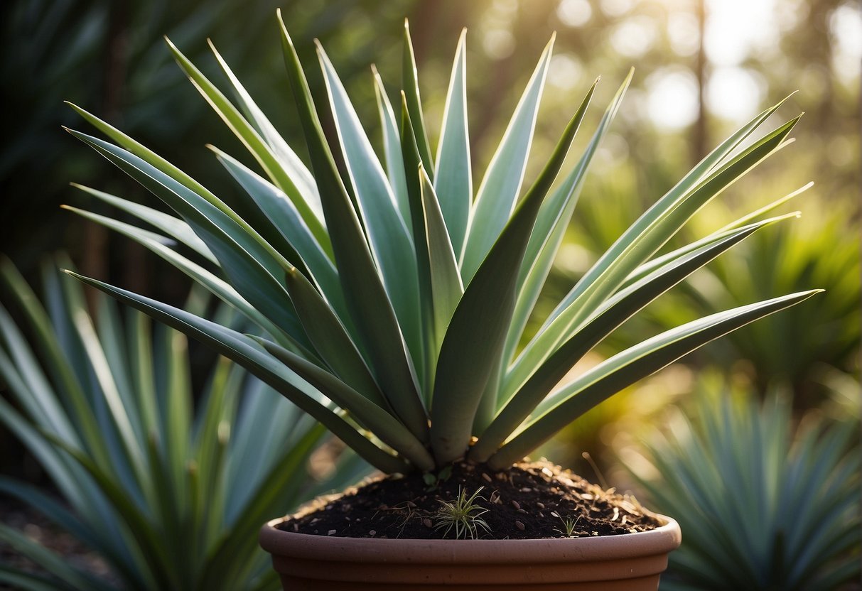 A yucca plant grows steadily, reaching full height in 5-10 years. Its long, sword-shaped leaves fan out from a central stem, creating a striking silhouette