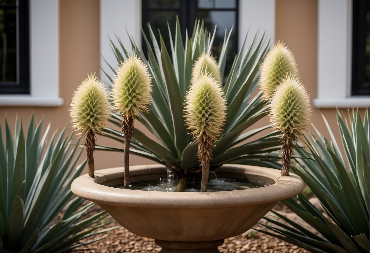 How to Landscape a Small Window Front Garden with Three Yucca Plants and a Fountain