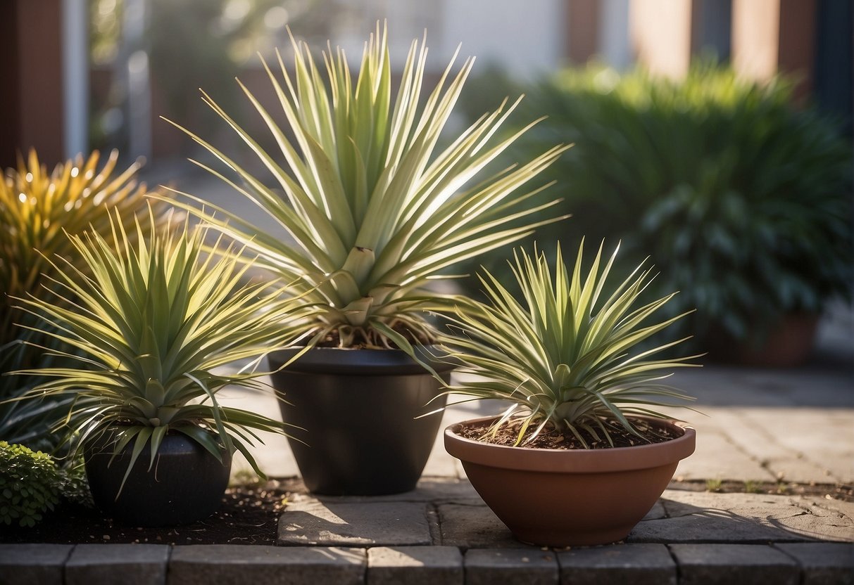 Three yucca plants arranged around a small fountain in a window front garden