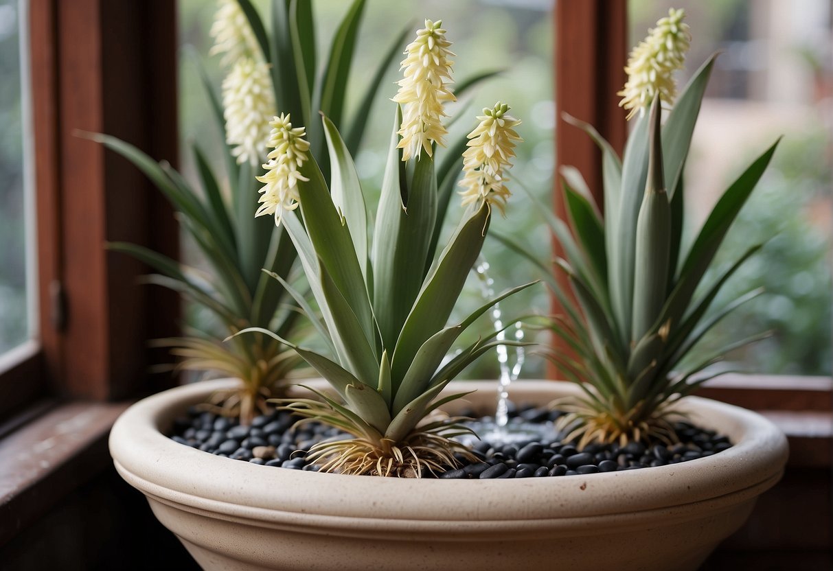 Three yucca plants arranged around a small fountain in a window front garden
