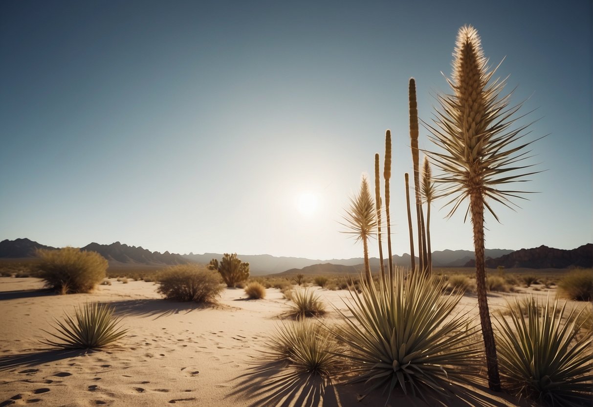 A desert landscape with dry, sandy soil and a cluster of tall, spiky yucca plants reaching towards the sky