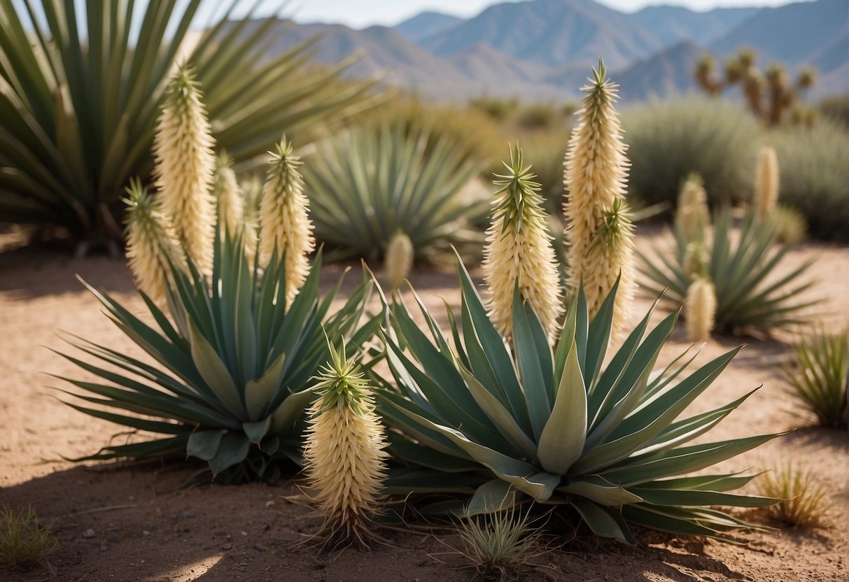 A collection of yucca plants in various sizes and shapes, with a sign reading "Frequently Asked Questions: Who has yucca plants."