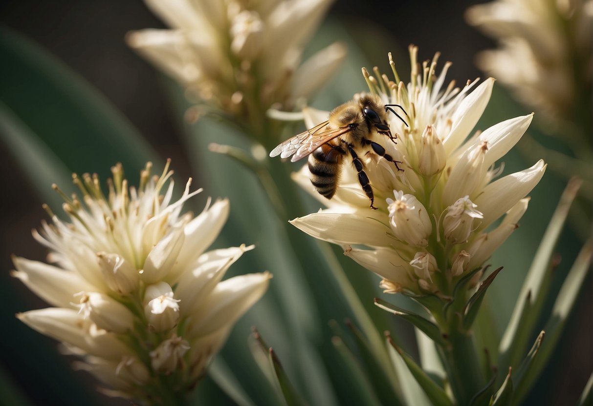 A bee hovers over a blooming yucca plant, transferring pollen from flower to flower