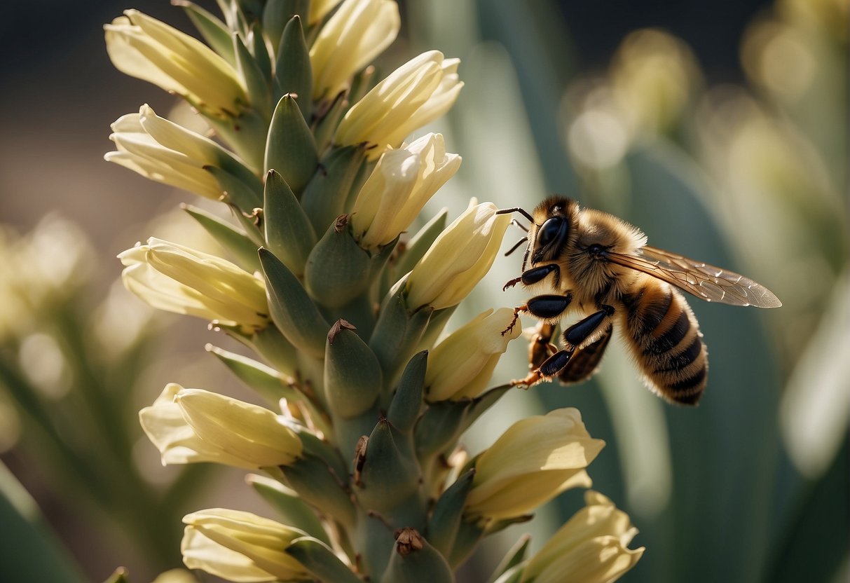 A bee hovers over a yucca flower, collecting pollen
