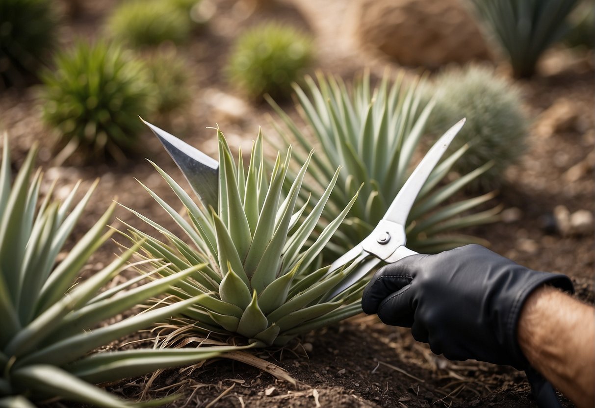 Outdoor yucca plants being trimmed back with pruning shears and maintained with gardening gloves and a rake nearby