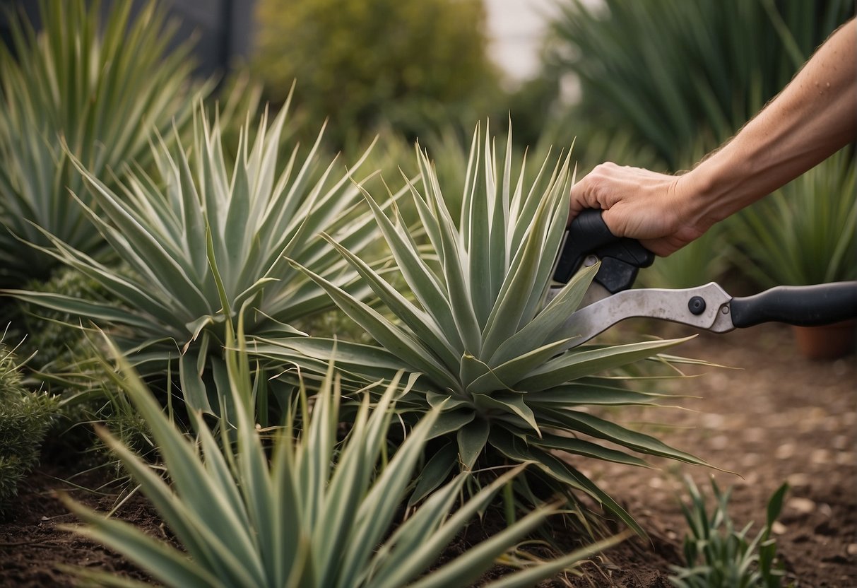 Outdoor yucca plants being trimmed back with gardening shears and a pile of cut foliage nearby