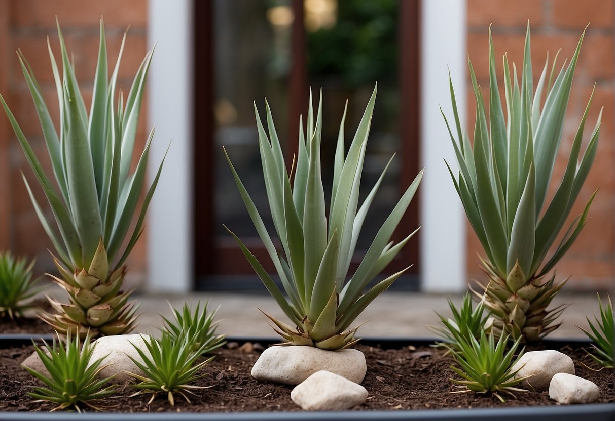 Three yucca plants arranged in a small window front garden, with one placed in the center and the other two on either side. The plants are well-maintained and surrounded by decorative rocks or mulch