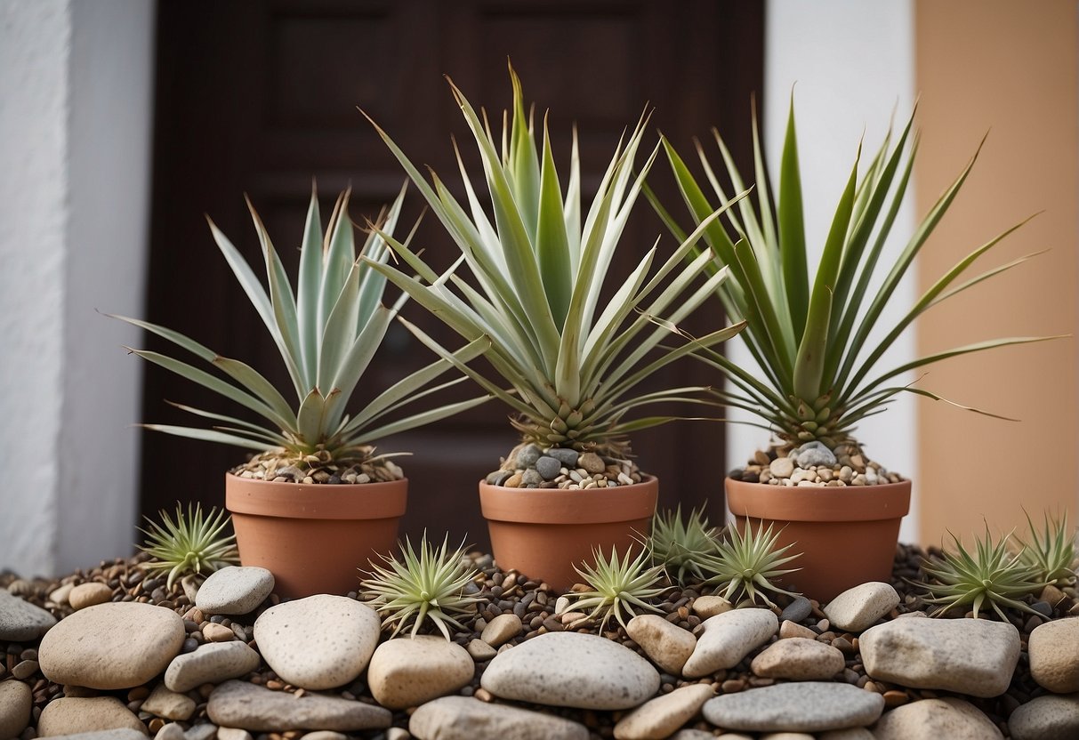 Three yucca plants arranged in a small window front garden, with a mix of rocks and soil as the base, and a backdrop of the building facade