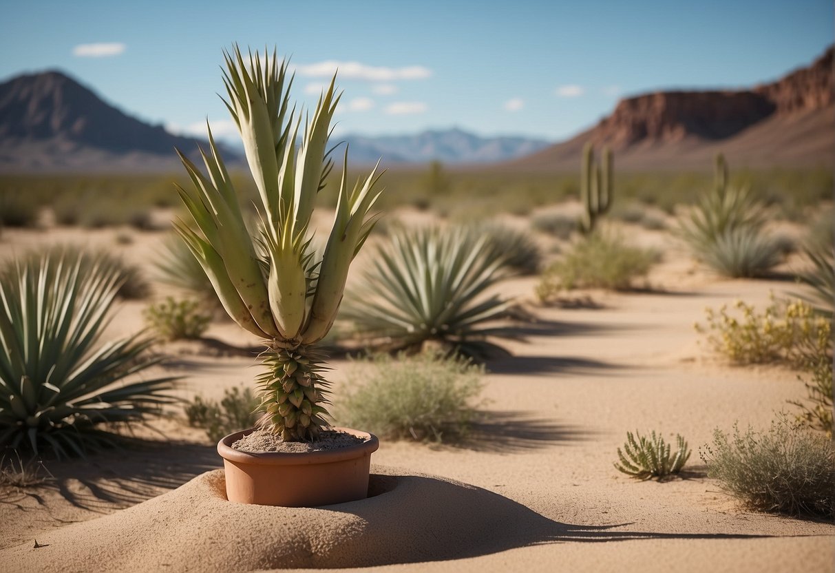 A yucca plant stands tall in a desert landscape, surrounded by sandy soil and other native plants