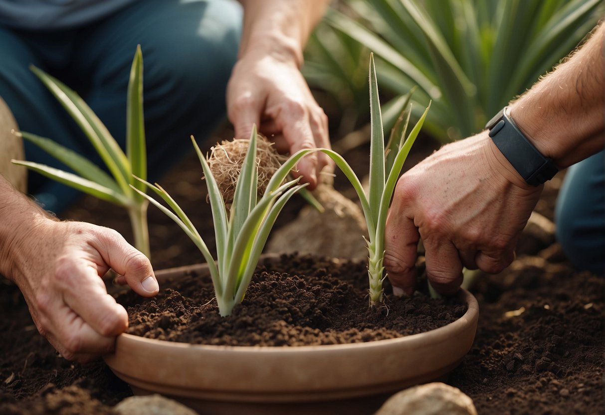 A pair of hands carefully repotting a yucca plant with fresh soil and gently watering it