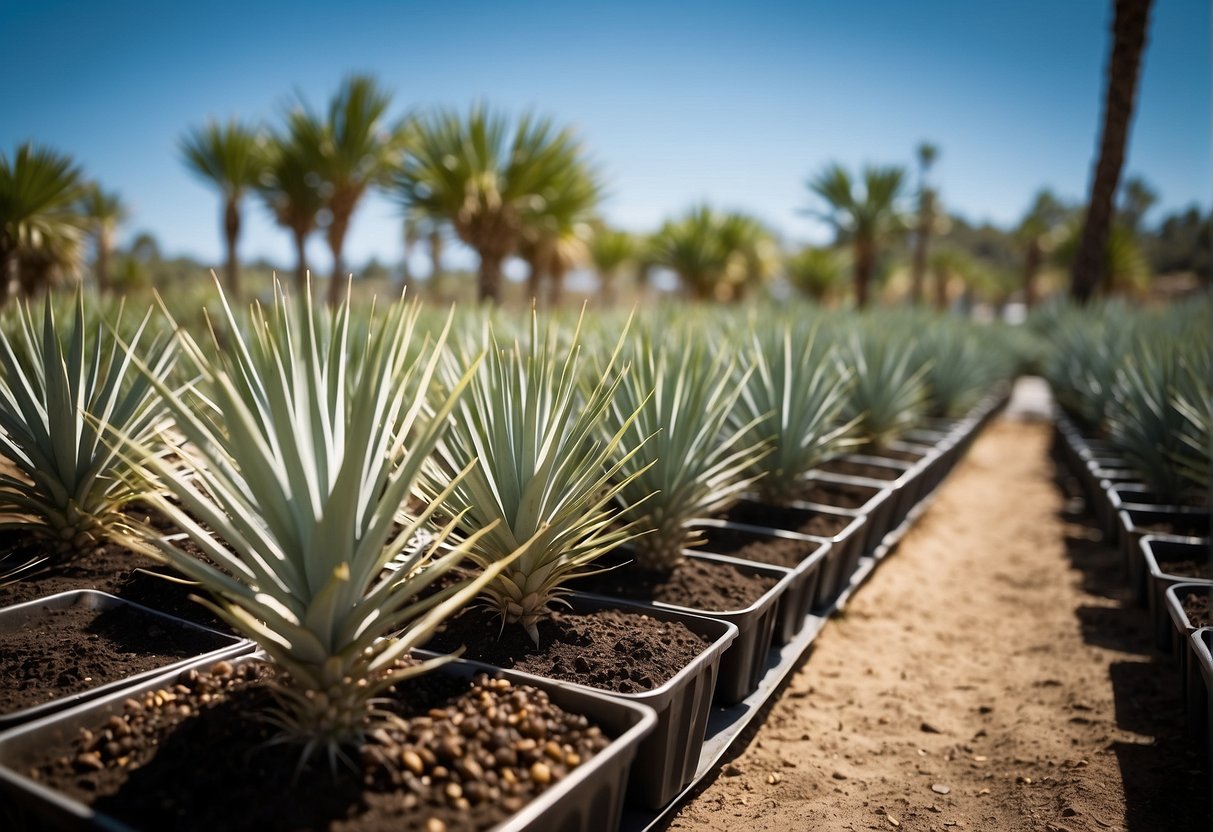 A yucca plant nursery with rows of vibrant, healthy plants under a clear blue sky. Customers browsing and asking staff questions