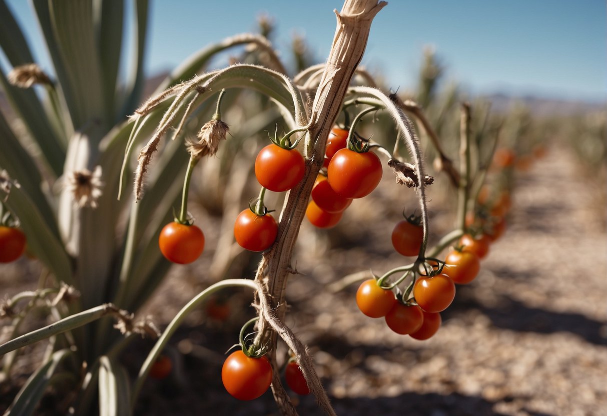 Tomato plants in Yucca Valley sit dormant in winter, withering under the cold, dry air. Brown leaves crinkle and fall, while the once vibrant red fruits shrivel and decay on the vine