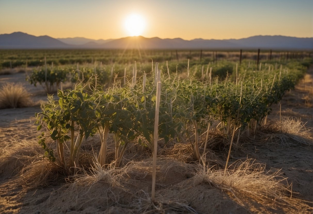 Tomato plants in Yucca Valley are being wrapped with burlap to protect them from the winter chill. Stakes are used to keep the burlap in place, ensuring the plants are shielded from the harsh weather
