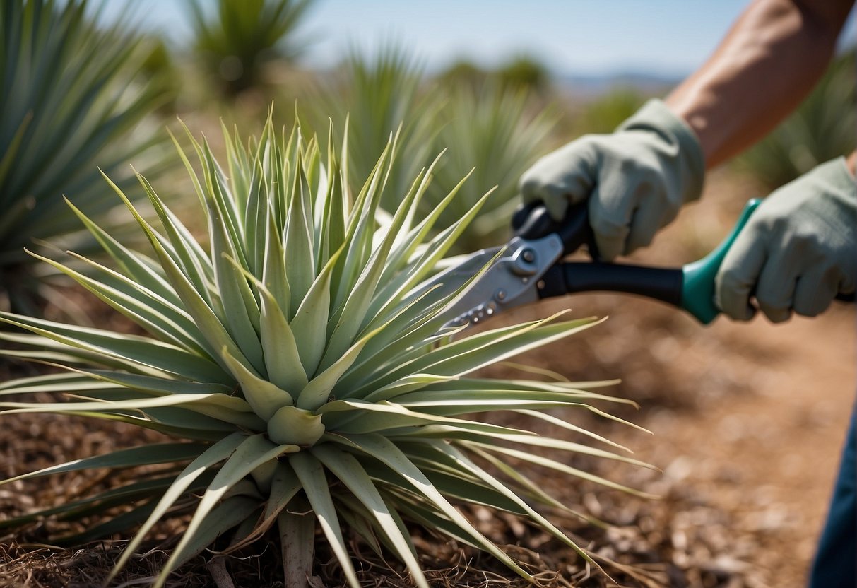 Yucca plants being pruned with shears, removing excess growth to thin out the foliage