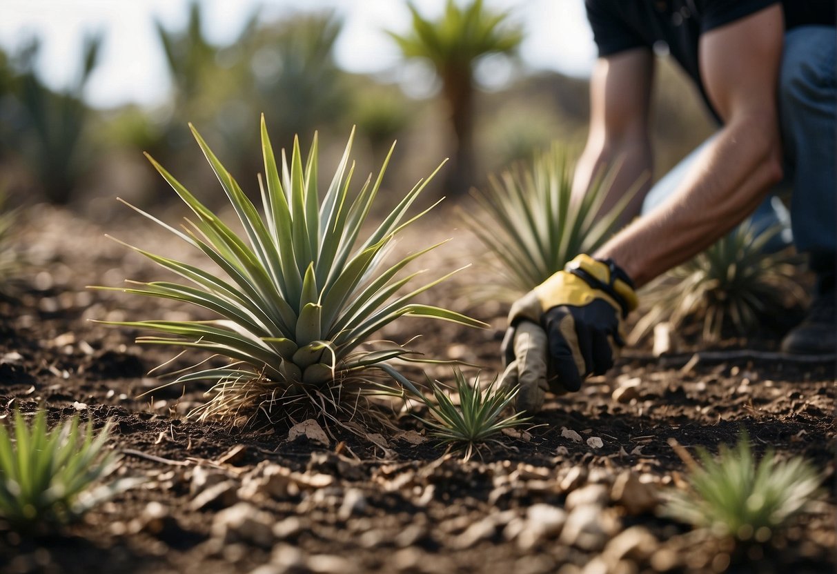 Yucca plants being pruned and thinned out, with scattered cuttings on the ground